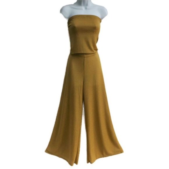 Newport News Pants - SOLD 70s Studio 54 Disco Jumpsuit Lame Golden Glitter Strapless Wide Leg S